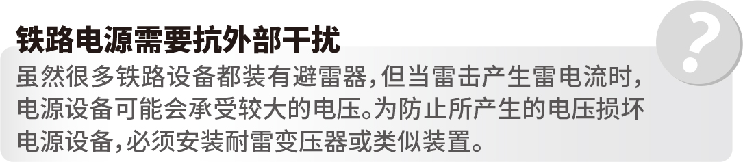 鐵路電源需要抗外部干擾 雖然很多鐵路設(shè)備都裝有避雷器，但當(dāng)雷擊產(chǎn)生雷電流時，電源設(shè)備可能會承受較大的電壓。為防止所產(chǎn)生的電壓損壞電源設(shè)備，必須安裝耐雷變壓器或類似裝置。